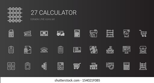 calculator icons set. Collection of calculator with money, office, trolley, stationary, maths, school, gold, real estate, abacus, mortgage. Editable and scalable calculator icons.