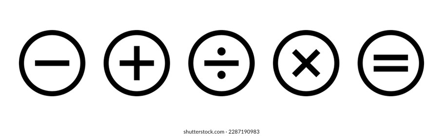 Calculator icons set. Minus, plus and equal symbols. Mathematic symbol in circle. Calculator symbol in line. Stock vector illustration