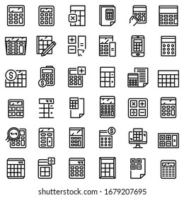 Calculator icons set. Outline set of calculator vector icons for web design isolated on white background