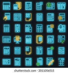 Calculator icons set. Outline set of calculator vector icons neon color on black