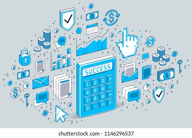 Calculator idea isolated on white background, financial concept. 3d vector business isometric illustration with icons, stats charts and design elements.