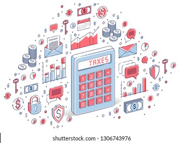 Calculator idea isolated on white background, tax concept. Isometric 3d vector finance illustration with icons, stats charts and design elements.