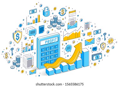 Calculator idea isolated on white background, profit concept. 3d vector business isometric illustration with icons, stats charts and design elements.