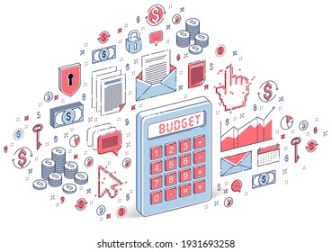 Calculator Idea Isolated On White Background, Budget Concept. Isometric 3d Vector Finance Illustration With Icons, Stats Charts And Design Elements.