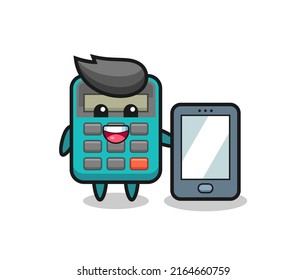 calculator illustration cartoon holding a smartphone , cute style design for t shirt, sticker, logo element