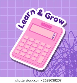 Ilustração da calculadora com citação de motivação Aprenda e cresça no fundo de grade roxo. Perfeito para projetos com temas escolares, papelaria infantil, decoração de sala de aula e projetos educacionais.