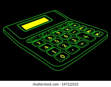 Calculator isolated on a black background with blank yellow screen with green lines