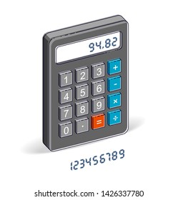Calculator isolated on white background with letters set, easy editable to put any numbers over, 3d isometric vector illustration.