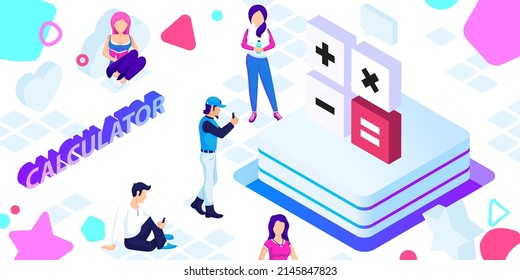 Icono de diseño isométrico de la calculadora. Ilustración web de vectores. 3.ª colorida concepción