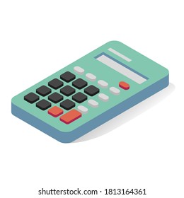Calculator isometric icon. Electronic device for office, school, college. Equipment for calculating numbers, money. Tool for mathematician, accountant, cashier. Vector calculator isolated on white.