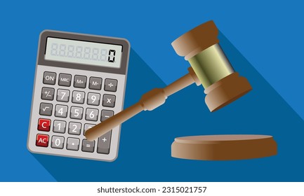 calculator, judge gavel, vector illustration