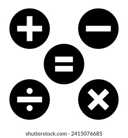 Calculator key icon vector on black circle. Addition, subtraction, division, multiplication, and equality symbol