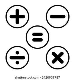 Calculator key icon vector on circle line. Addition, subtraction, division, multiplication, and equality symbol