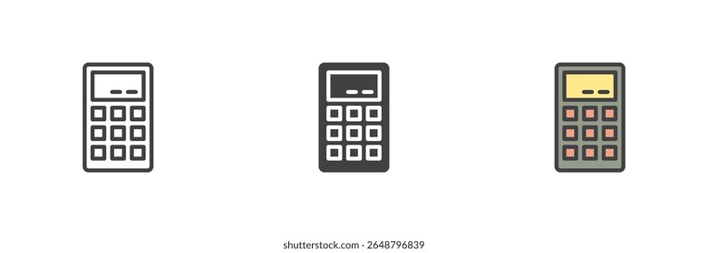 ícone da linha da calculadora, contorno sólido e preenchido ícone colorido conjunto com contorno da calculadora, ícone da calculadora sólida e ícone da calculadora de contorno preenchido como símbolo de sinal de vetor de cor.