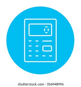 Calculator line icon for web, mobile and infographics. Vector white icon on the light blue circle isolated on white background.