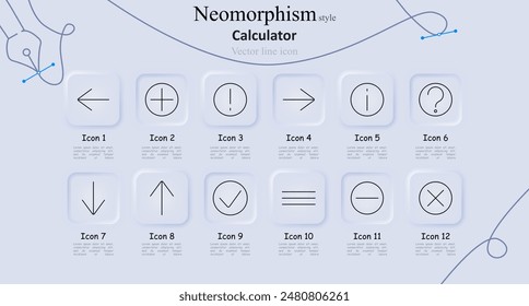 Calculator line icons set. Left arrow, plus symbol, exclamation mark, right arrow, information, question mark, up arrow, check mark, horizontal lines, multiplication symbol. Mathematical operations