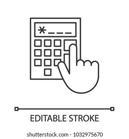 Calculator linear icon. Accountant's or bookkeeper's hand. Thin line illustration. Calculations. Contour symbol. Vector isolated outline drawing. Editable stroke