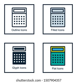 CALCULATOR LOGO WITH SOME KINDS OF STYLES, LINE ICONS, FILLED ICONS, GLYPH ICONS, AND FLAT ICONS