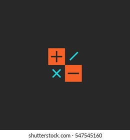 Calculator logo ui dark theme mockup, mathematical symbols icon on black background