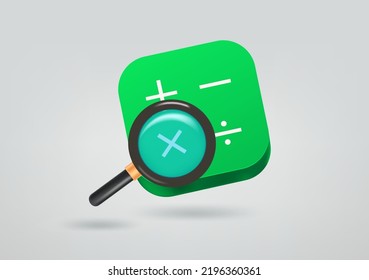 Calculator with magnifier. 3d vector illustration