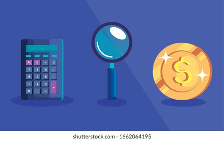 calculator with magnifying glass and coin vector illustration design