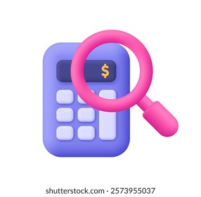 Calculator with magnifying glass loupe and dollar sign. Financial search and management, revenue calculation, accounting. 3d vector icon. Cartoon minimal style.