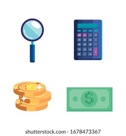 calculator with magnifying glass and money cash vector illustration design