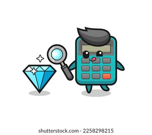 calculator mascot is checking the authenticity of a diamond , cute style design for t shirt, sticker, logo element