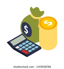 calculator math with bag money and coin dollar