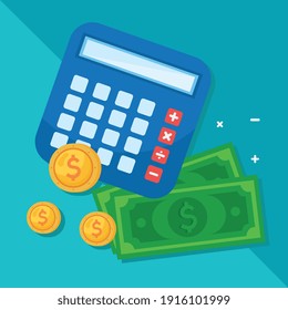 calculator math with bills and coins dollars money vector illustration design