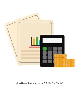 calculator math with coins and documents