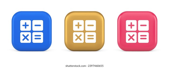 Calculator math counting button accounting balance checking mathematics financial keyboard 3d realistic blue gold and pink icons. Calculate electronic technology web app