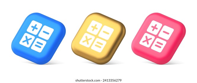 Calculator math counting button accounting balance checking mathematics financial keyboard 3d realistic blue gold and pink icons. Calculate electronic technology web app