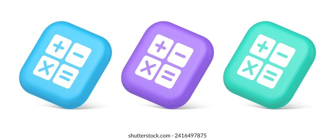 Botón de cálculo de recuento de matemáticas control de balance de contabilidad matemática teclado financiero 3d iconos realistas azul morado y verde. Calcular la aplicación web de tecnología electrónica