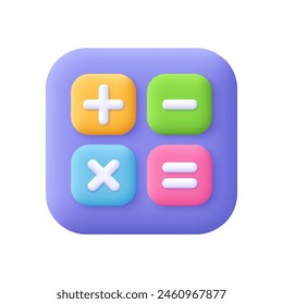 Calculator, math device. Addition, subtraction, multiplication. Financial analytics, arithmetic operations and calculations concept. 3d vector icon. Cartoon minimal style.