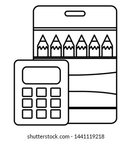 calculator math device with colors pencils box