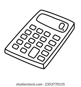 Calculator math device hand drawn vector doodle illustration, black outline. 
