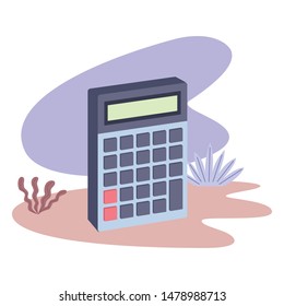 Calculator math device isometric symbol with leaves on splash background ,vector illustration graphic design.