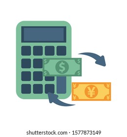 calculator math with dollar and yen bills vector illustration design