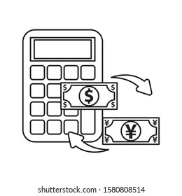 calculator math with dollar and yen bills vector illustration design
