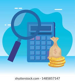 calculator math with magnifying glass and money