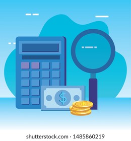 calculator math with magnifying glass and money