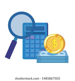 calculator math with magnifying glass and money