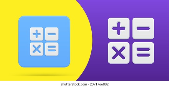 Calculator mathematic simple 3d icon button set vector illustration. Counting display keyboard emblem with addition, subtraction, multiplication, equality. Calculation data keypad stationery screen