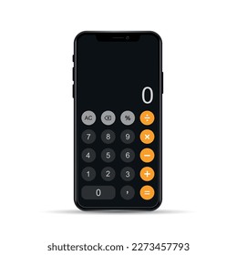 Calculator in mobile phone isolated on white background.  Smartphone calculator app interface. Vector stock