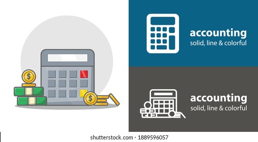 Calculator with money. accounting isolated vector flat icon. business money line solid design element