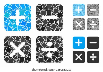 Calculator mosaic of humpy items in various sizes and color tinges, based on calculator icon. Vector humpy elements are grouped into collage. Calculator icons collage with dotted pattern.