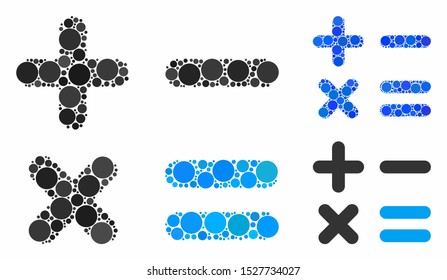 Calculator mosaic of spheric dots in different sizes and color tinges, based on calculator icon. Vector dots are united into blue illustration. Dotted calculator icon in usual and blue versions.