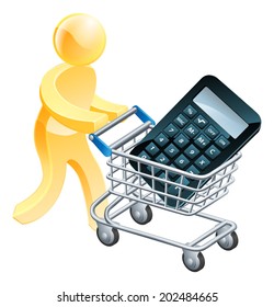 Calculator mouse trolley man, a man pushing a shopping cart trolley with a calculator in it. 