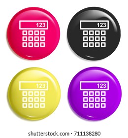Calculator multi color glossy badge icon set. Realistic shiny badge icon or logo mockup